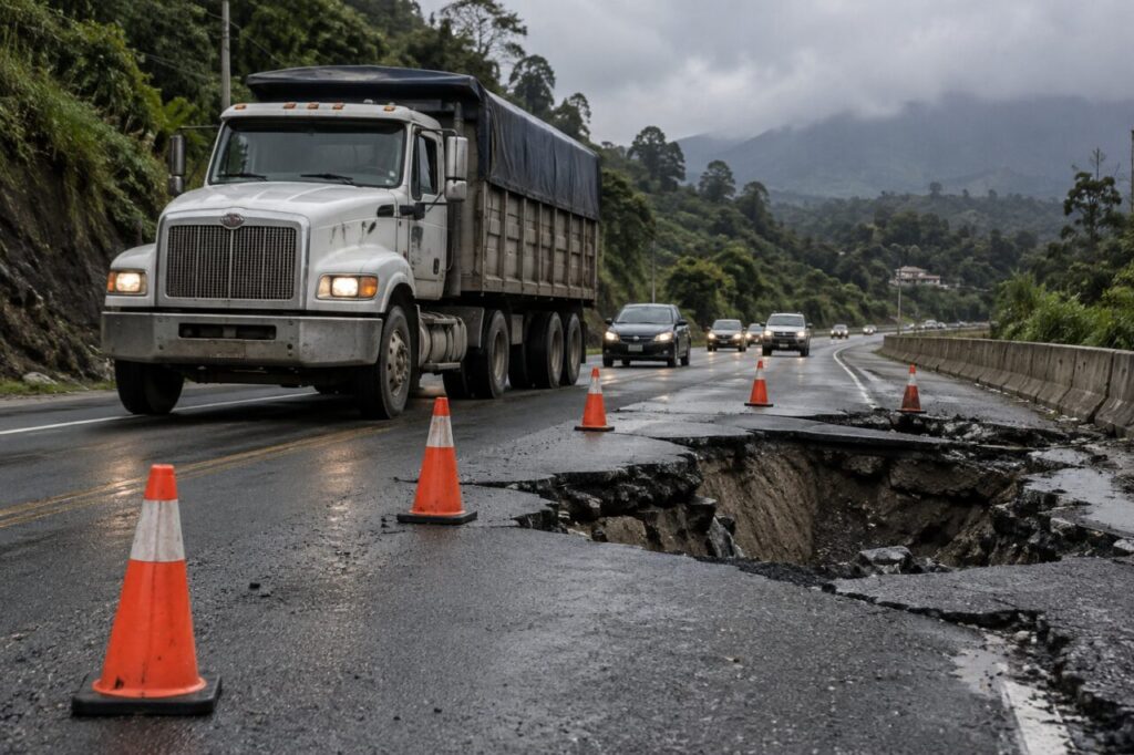 Camión de carga esquivando un hundimiento en una carretera con conos de señalización