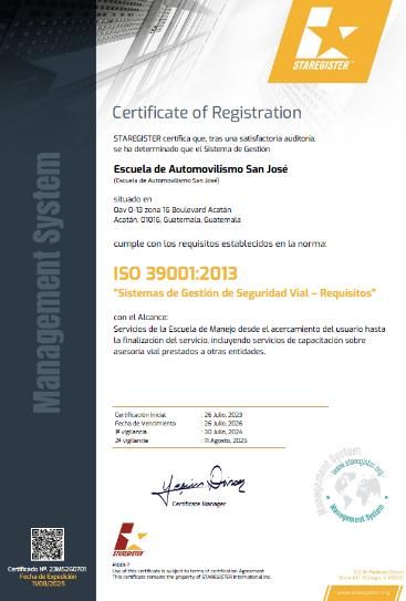 Certificado ISO 39001:2013 de la Escuela de Automovilismo San José