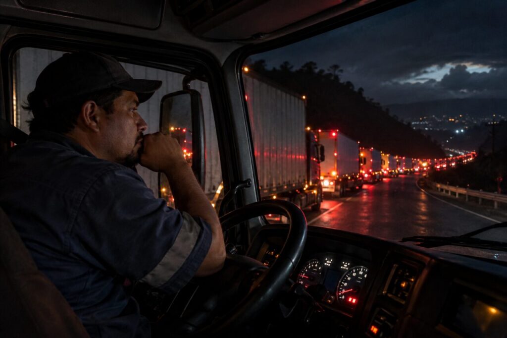 Piloto de camión cansado esperando en una larga fila de vehículos detenidos de noche